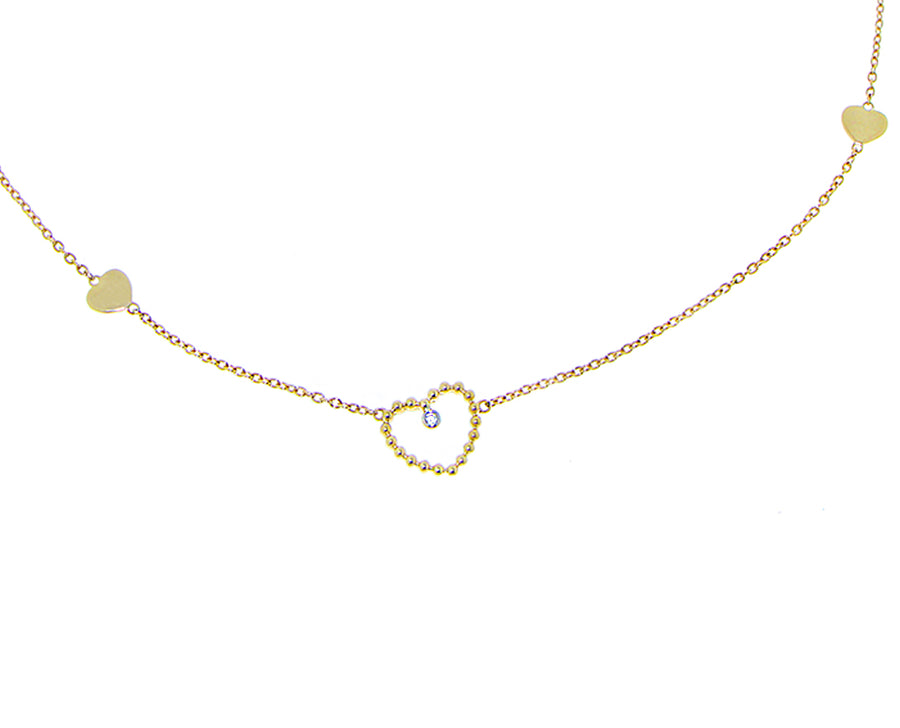 Yellow gold necklace with heart charms and a diamond