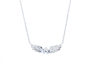 White gold necklace with a letter pendant with angel wings