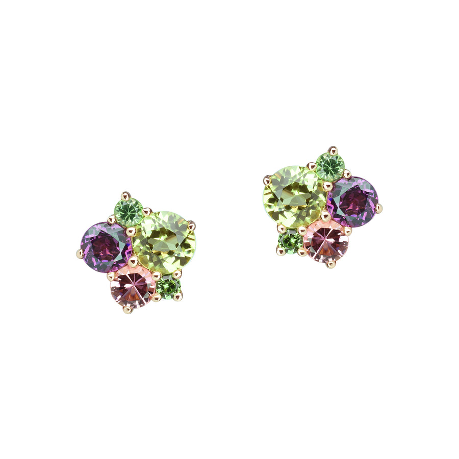 Rose gold stud earrings with diamonds, tourmaline, pink sapphires and amethysts