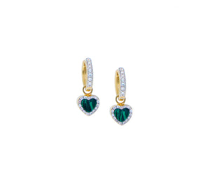 Yellow gold and diamond hoops with malachite heart charms