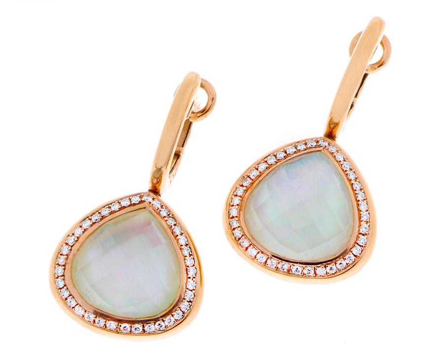 Roségouden oorbellen met bergkristal en diamanten hangers