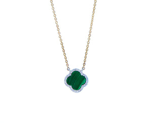 Yellow/white gold necklace with a tiny malachite and diamond clover
