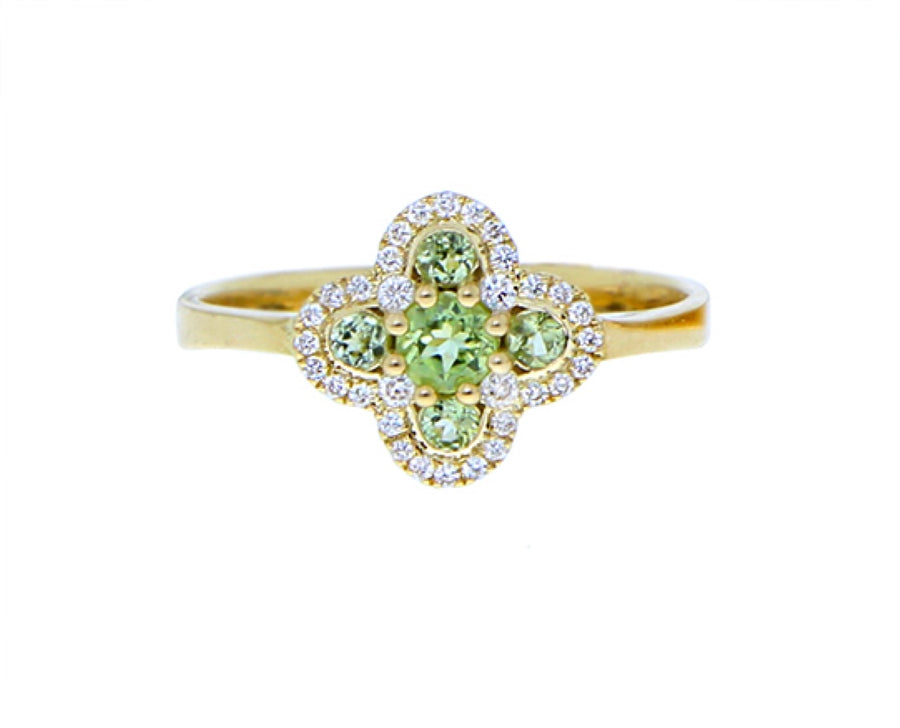 Yellow gold rings with a diamond peridot or topaz clover charm