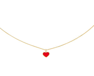 Yellow gold necklace with small red enamel heart charm