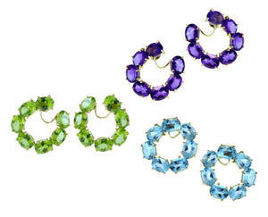 Yellow gold hoop earrings with peridots, amethyst or blue topaz