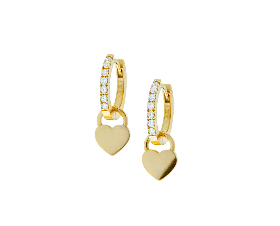 Yellow gold and diamond small hoop earrings with red enamel heart