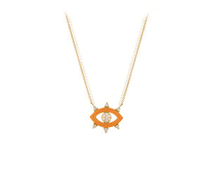 Yellow gold necklace with diamonds and coral colored enamel