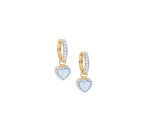 Yellow gold diamond hoops with diamond and mother of pearl heart pendants