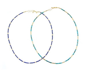 Geelgouden kralenketting met lapis lazuli of turkoois en diamanten
