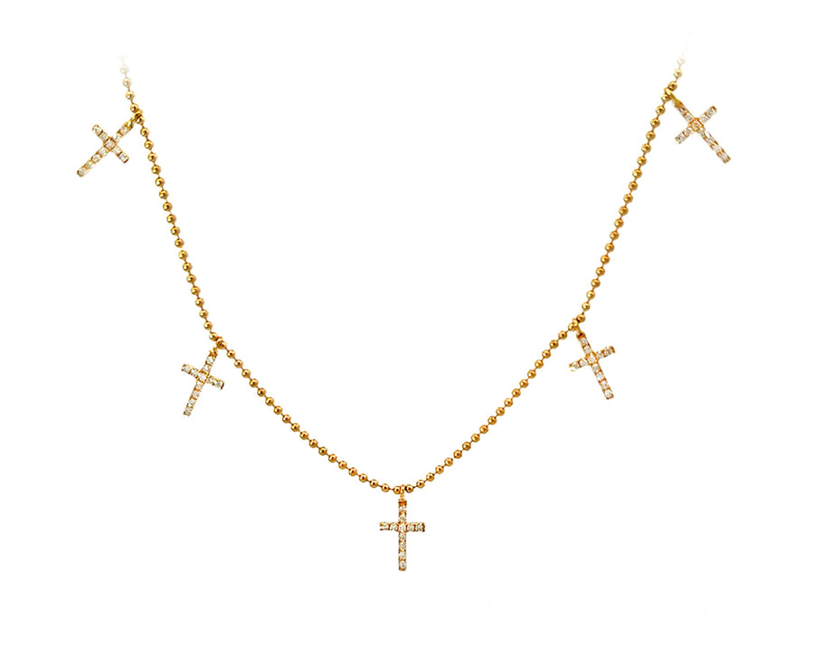 Yellow gold necklace with five small diamond cross charms