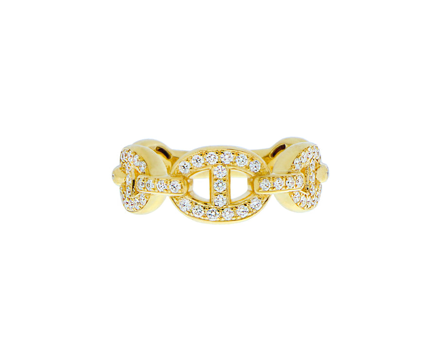 Yellow or white gold chain ring with diamonds