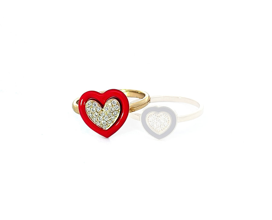 Yellow gold heart ring with enamel and a diamond core