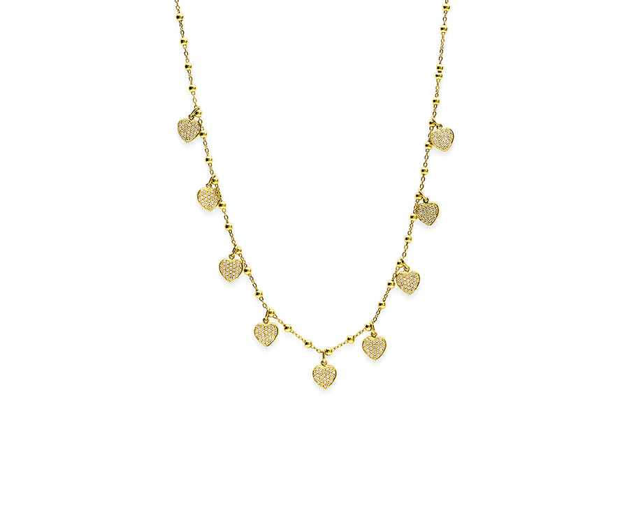 Rose or yellow gold necklace with diamond heart charms