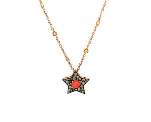 Rose gold necklace with diamonds and a coral and brown diamonds star pendant