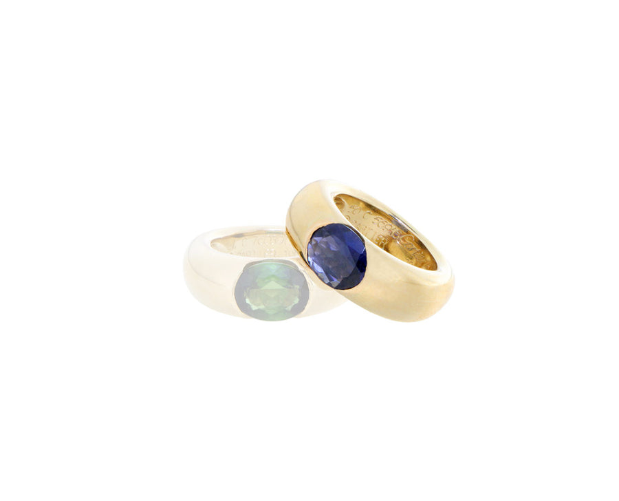 Yellow gold "ellipse" ring with iolite or tourmaline