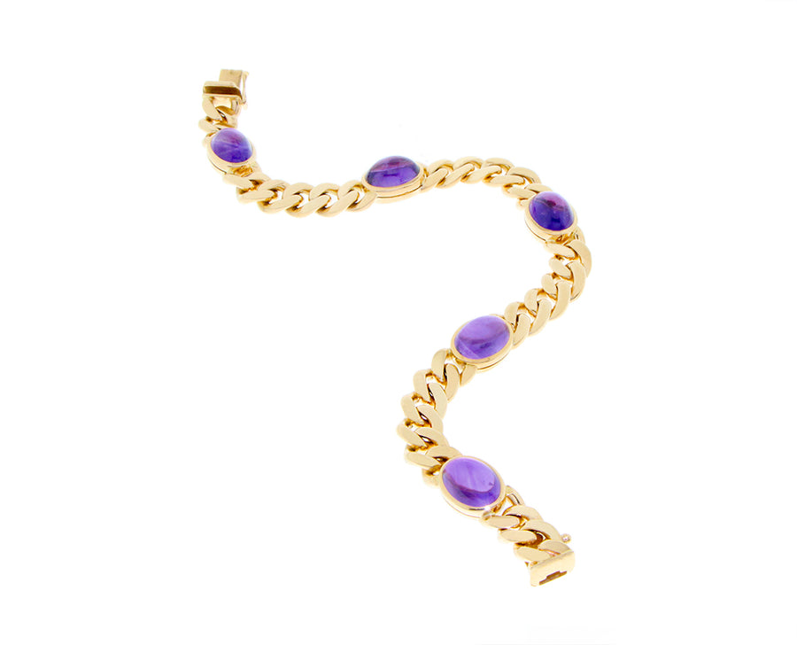 Yellow gold gourmet chain bracelet with cabochon cut amethysts
