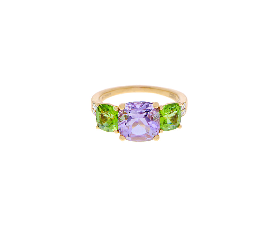 Rose gold ring with peridots, amethyst and diamonds
