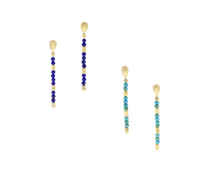 Yellow gold nugget and lapis lazuli or turquois bead earrings