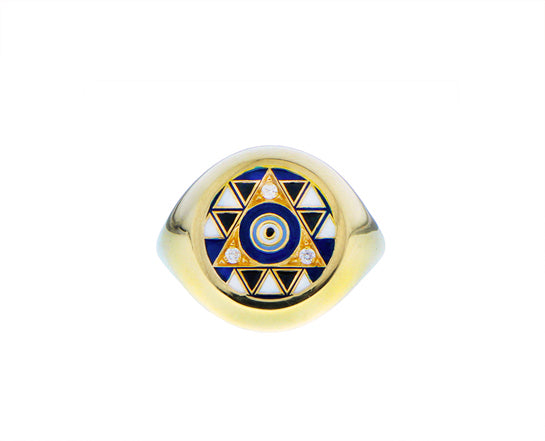 Yellow gold ring with diamonds and enamel