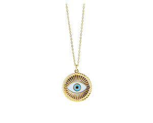 Yellow gold necklace and a round pendant with an enamel eye