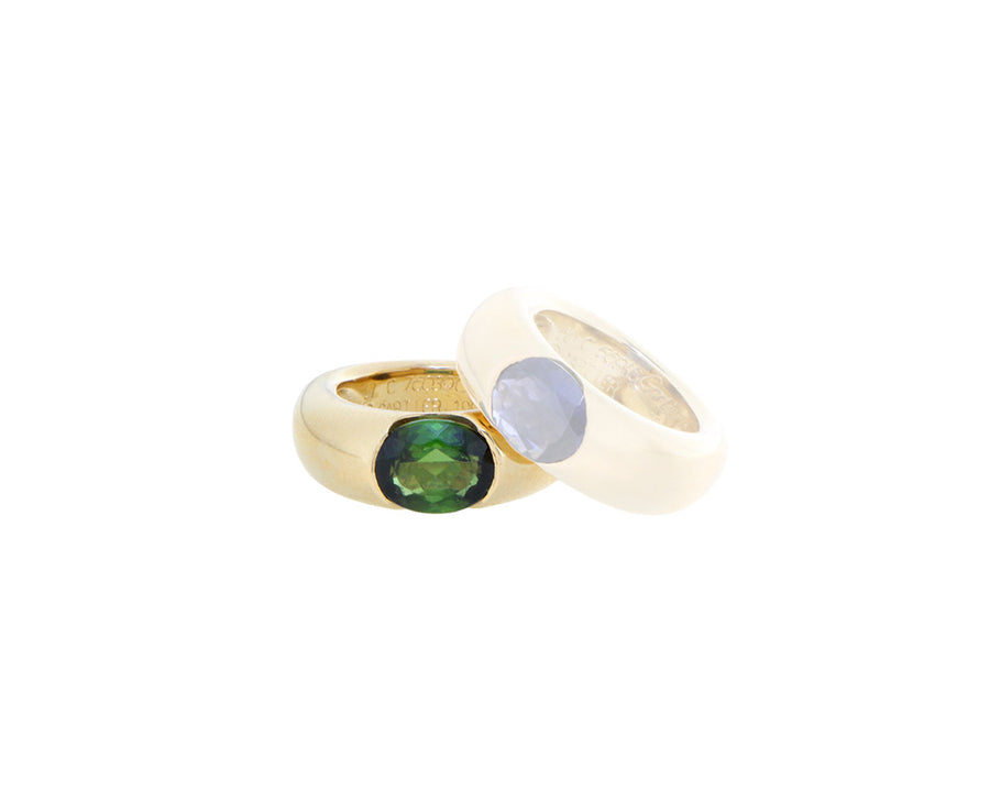 Yellow gold "ellipse" ring with iolite or tourmaline