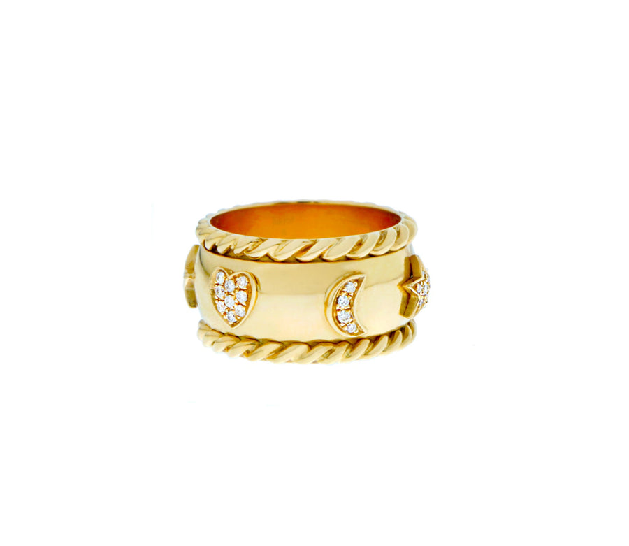 Yellow gold ring with diamond moon, heart and star