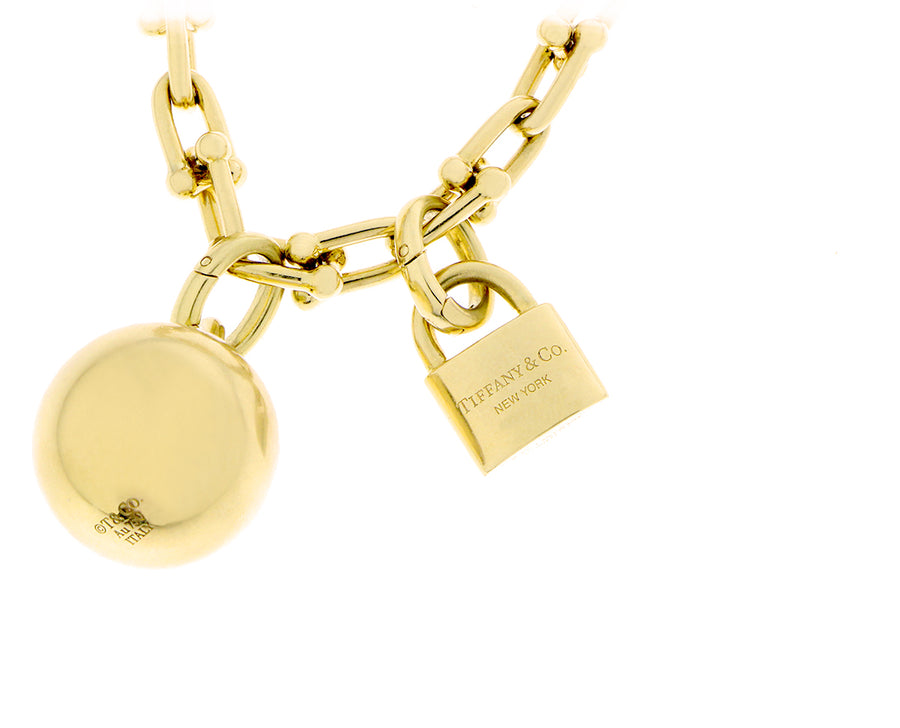 Yellow gold Tiffany necklace with detachable ball & lock charms