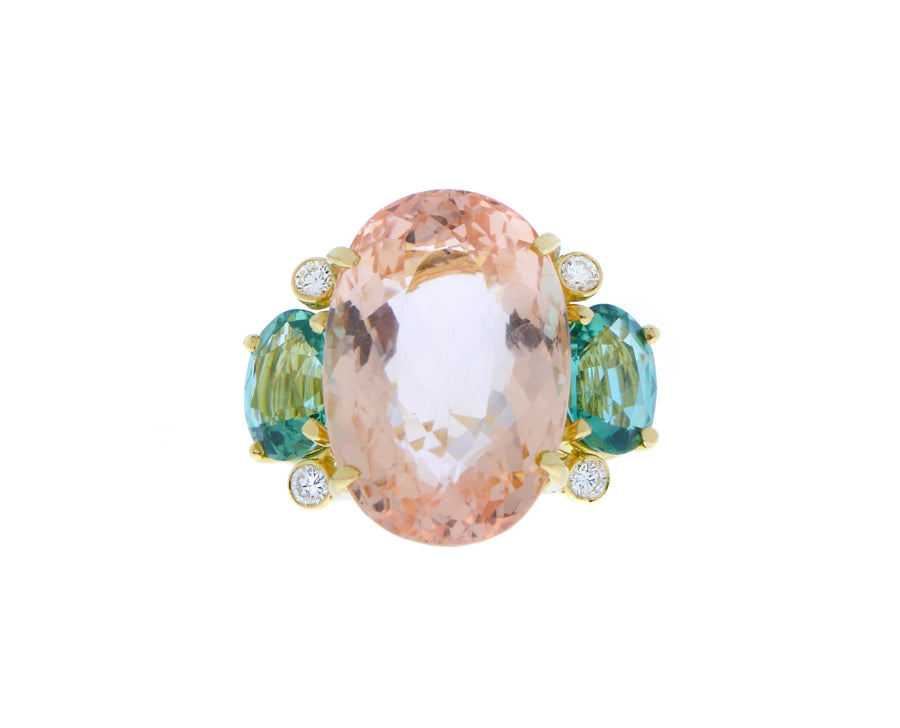Yellow gold ring with diamonds tourmaline and morganite