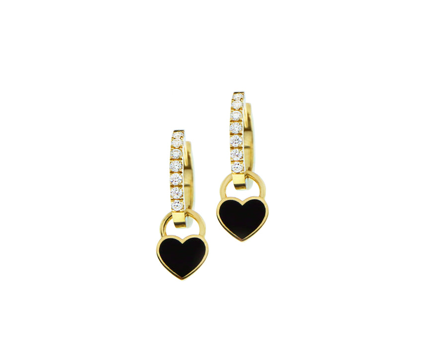 Yellow gold and diamond small hoop earrings with red enamel heart