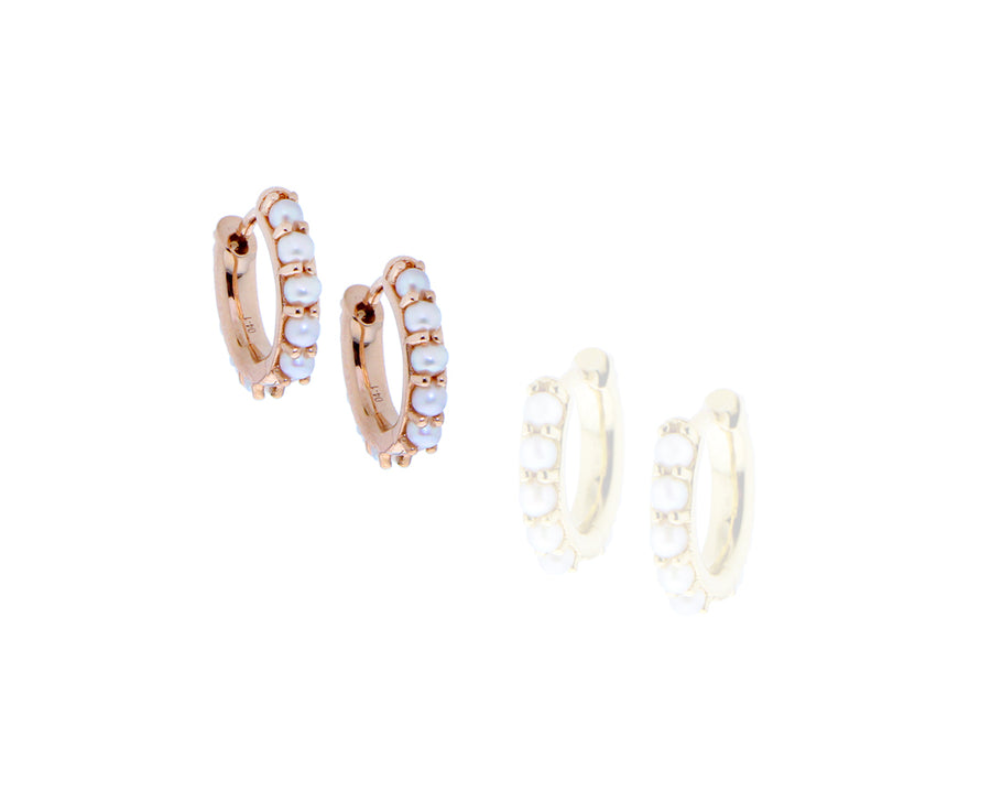 Tiny yellow or rose gold hoops with pearls