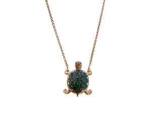 Pink gold necklace with turtle set with tsavorites and champagne diamonds