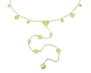 Yellow gold necklace dangling hearts and diamonds