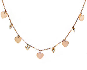 Rose gold necklace dangling hearts and diamonds