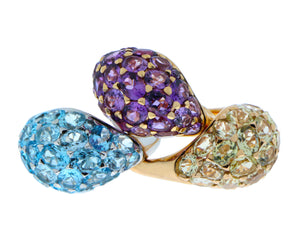 Yellow or white gold ring with blue topaz, green amethyst and amethyst