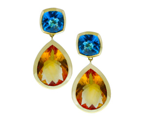 Yellow gold earrings with blue topaz and citrine