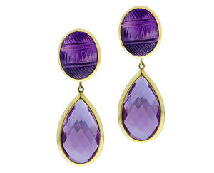 Yellow gold earrings with carved amethysts