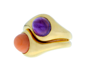 Yellow gold ring with amethyst and coral