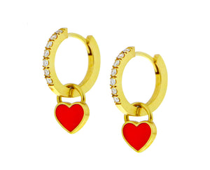 Yellow gold and diamond small hoop earrings with red enamel heart
