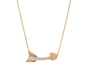 Rose gold necklace with an arrow heart and diamonds
