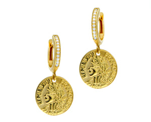 Yellow gold and diamond earrings with a coin pendant