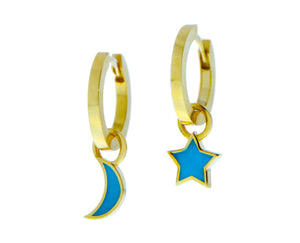 Yellow gold small hoop earrings with turquois enamel moon and star pendants