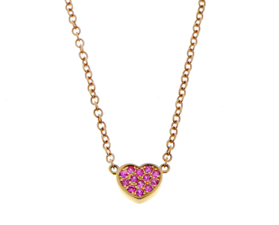 Roségouden halsketting met een hart van diamant en roze saffier