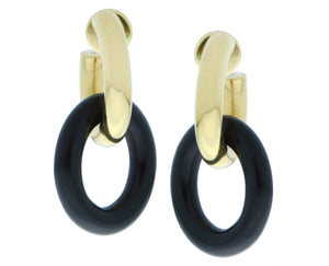 Yellow gold oval hoop earrings with ebony pendants