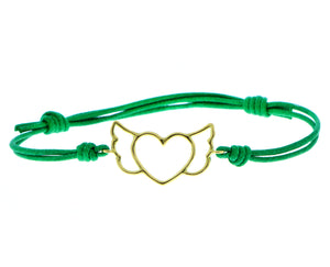 Yellow gold winged heart with a green colored rope
