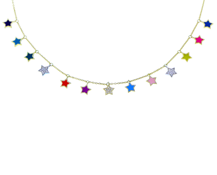 Yellow gold necklace with multi colored enamel and diamond star pendants