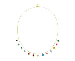 Yellow gold necklace with multi colored enamel and diamond star pendants
