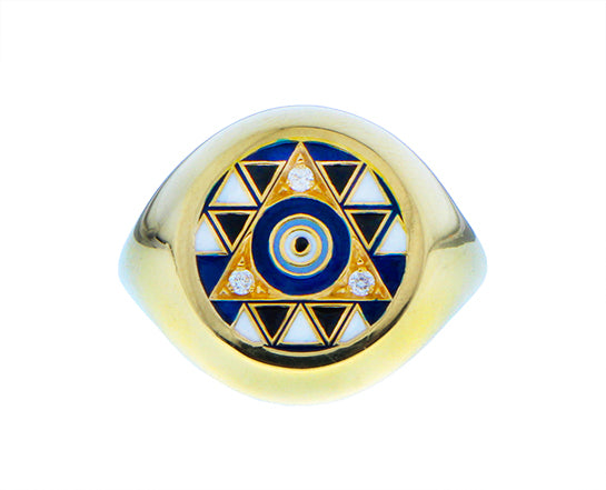 Yellow gold ring with diamonds and enamel
