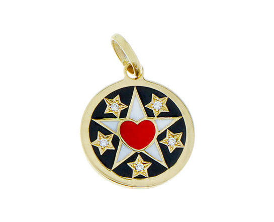 Yellow gold pendants with diamond, rubies and enamel