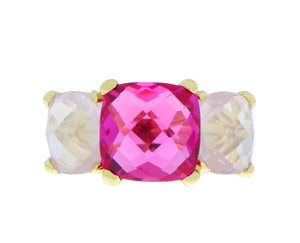 Yellow gold ring with pink topaz and rose quartz