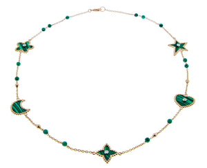 Rose gold necklace with malachite and diamond charms